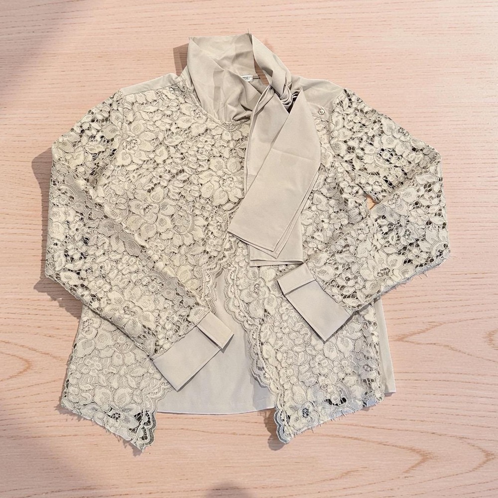 VTG Nara Camicie Italian Designer Beige Floral Lace Bow Blouse Women Size 2